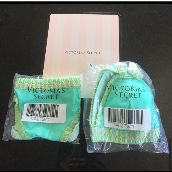 Victoria’s Secret 2 pice crocheted bikini set, seafoam with olive trim - Picture 3 of 3